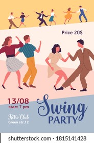 Swing party colorful promo poster with place for text vector flat illustration. Active people dancing together demonstrate choreographic movement. Announcement of Lindy hop event at retro club