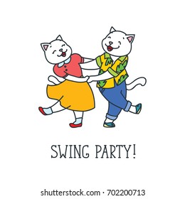 Swing party! Doodle vector illustration of dancing cat couple