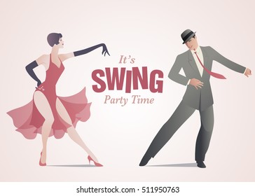 It's Swing Party Time: Elegant couple dressed in 1950s clothes style dancing jazz or swing