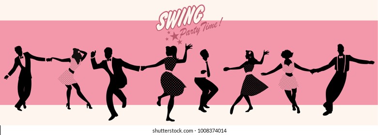 Swing Party Time: Silhouettes of four young couples wearing retro clothes dancing swing or lindy hop