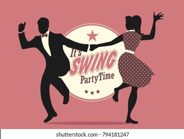 Swing Party Time: Silhouettes of young couple wearing retro clothes dancing swing or lindy hop