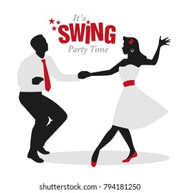 Swing Party Time: Silhouettes of young couple wearing retro clothes dancing swing or lindy hop