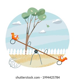 Swing in playground in park on cloudy autumn day. Tree, leaf falling, sky with clouds, lawn, play equipment, fence on white background. Relaxing scene in nature vector illustration.