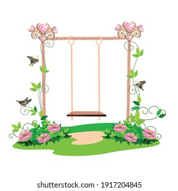 The swing for the princess is decorated with hearts on the lawn and is entwined with pink flowers. Vector illustration on a white background.