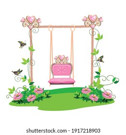 The swing for the princess is decorated with hearts on the lawn and is entwined with pink flowers. Vector illustration on a white background.