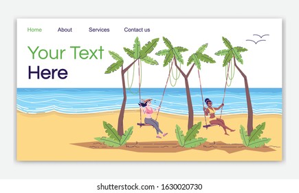 Swing resort landing page vector template. Indonesia tourism. Two women at seaside. Bali beach website interface idea with flat illustrations. Homepage layout. Web banner, webpage cartoon concept