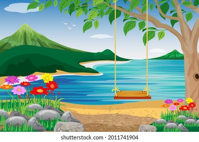 swing with sea background vector design