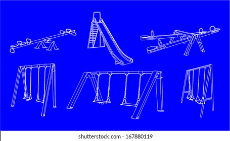 Swing seesaws and high slides tube vector, isolated on blue background. Children playground elements illustration.