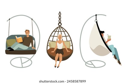 Swing set. Three vector illustrations of unique hanging swings, each depicting characters relaxing. Modern, isolated design, ideal for home interiors.
