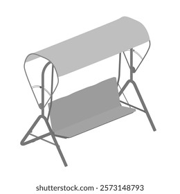 Swing is shown in a white background. The swing is suspended from a metal frame and has a canopy over it. The swing is empty and he is a simple, functional piece of furniture