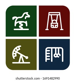 swing simple icons set. Contains such icons as Spring swing horse, Swing, Pendulum ride, Monkey bars, can be used for web, mobile and logo