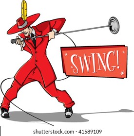 Swing style singer with SWING banner.