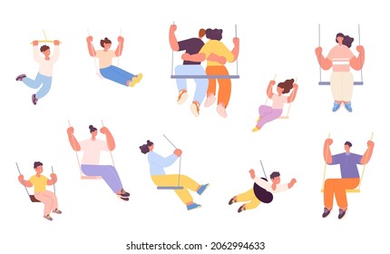 Swing time. People relaxed, swinging on swings. Isolated adult and children fun relaxation. Happy rest, romantic dating and play utter vector set