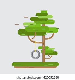 Swing Tire On Tree in park. Funny spring or summer forest tree with swing tire game, rope on a branch. Flat style vector illustration.
