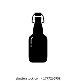 Swing Top Easy Cap Beer Bottle. Silhouette icon of clear beverage glass bottle with wire stopper. Black outline illustration of vintage flip-top lid. Flat isolated vector pictogram, white background