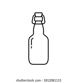 Swing Top Easy Cap Beer Bottle. Linear icon of clear beverage glass bottle with wire stopper. Black simple illustration of vintage flip-top lid. Contour isolated vector pictogram, white background