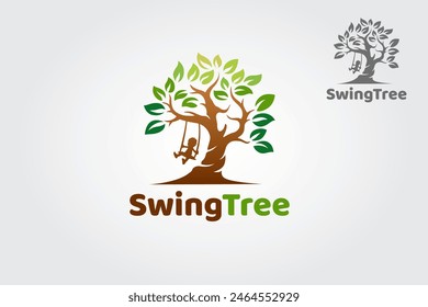 Swing Tree Vektorgrafik Logo Vorlage. Ein Kind spielt die Schaukel unter dem Baum, dieses Logo symbolisiert einen Schutz, Frieden, Ruhe, Wachstum und Fürsorge oder Sorge um die Entwicklung.