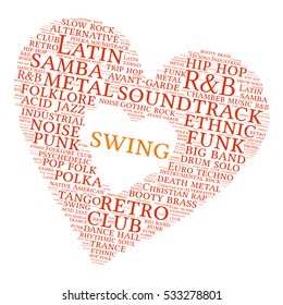 Swing. Word cloud, heart, white background. Musical styles.