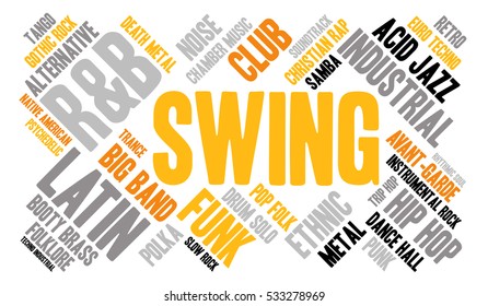 Swing. Word cloud, type font, white background. Musical styles.