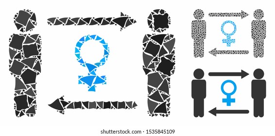 Swingers exchange female composition of joggly items in different sizes and shades, based on swingers exchange female icon. Vector raggy dots are grouped into collage.