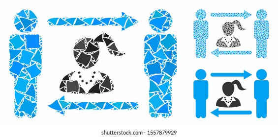 Swingers exchange woman composition of unequal items in variable sizes and shades, based on swingers exchange woman icon. Vector humpy items are organized into collage.