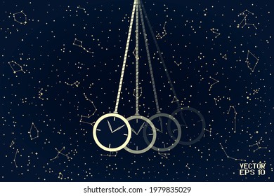 Girando azul con péndulo amarillo con reloj. Objeto único aislado en fondo oscuro nocturno. Ilustración vectorial