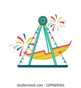 Swinging boat ride at amusement park. Colorful bunting flags and salutes. Entertainment theme. Flat vector icon