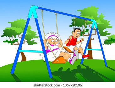 Swinging children. Happy boy and girl swing on swing
