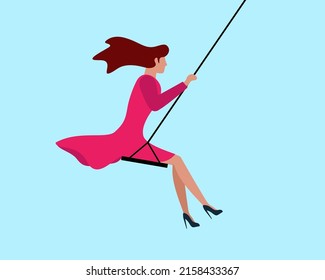 Swinging cute woman in pink dress. Happy beautiful girl relaxing and riding on swing. Female self care and slow life concept. Take break vector eps illustration