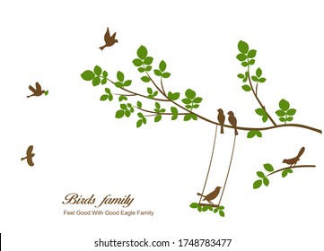 Swinging and flying birds family on a green tree branch vector illustration