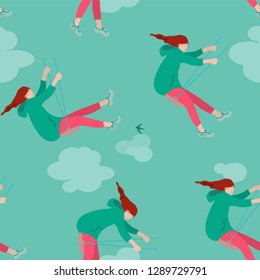 Swinging girl flying high up to the clouds. Vector seamless pattern. Hand drawn illustration in flat colors.
