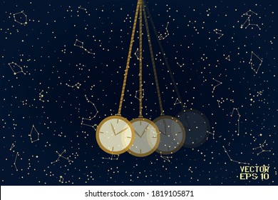 Swinging Golden and Beige Pendulum with Clock. Single Object Isolated on Starry Night Background. Panoramic Sky Map of Hemisphere. Vector. 3D Illustration
