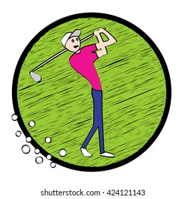 Swinging golfer. Doodle drawing of man playing golf. Logo element. Vector illustration.