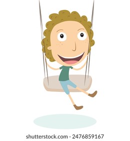 Swinging Happy and adorable boy with curly hair. vector Illustration