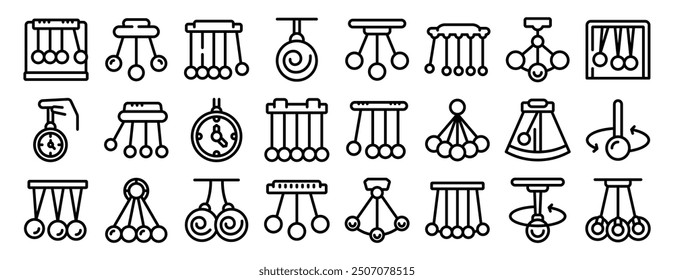Conjunto de iconos de péndulo de hipnosis oscilante. Colección de íconos de péndulo con diferentes estilos y aplicaciones de péndulos, destacando su uso en ciencia, cronometraje y decoración