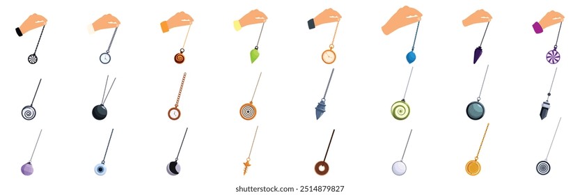 Swinging hypnosis pendulum icons set. Set of hypnotist hands holding a pendulum making a swinging motion