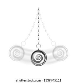 Swinging hypnosis pendulum realistic vector illustration, psychotherapy concept, a silver necklace with chain hypnotic spiral pattern and blurred motion effect