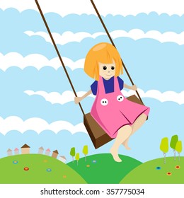 Swinging kid flying on a swing. Vector flat style isolated cartoon illustration.