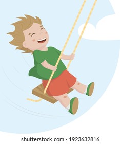 Swinging kid. Happy smiling boy flying on a swing. Vector flat style isolated cartoon illustration.