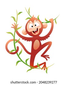 Swinging Monkey happy cartoon character illustration. Animal for kids with liana leaves in jungle, cute primate vector drawing.