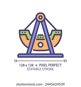 Swinging pirate ship pixel perfect RGB color icon. Swing boat amusement. Viking thematical park. Festival attraction. Isolated vector illustration. Simple filled line drawing. Editable stroke