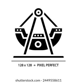 Swinging pirate ship pixel perfect black glyph icon. Swing boat amusement. Viking thematical park. Festival attraction. Silhouette symbol on white space. Solid pictogram. Vector isolated illustration