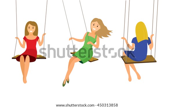 Swinging Women Set Happy Smiling Girls Stock Vektorgrafik