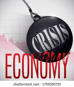 Ein wütender Ball über die Statistik-Grafik, ein Wirtschaftszeichen, das die kommende Finanzkrise symbolisiert.