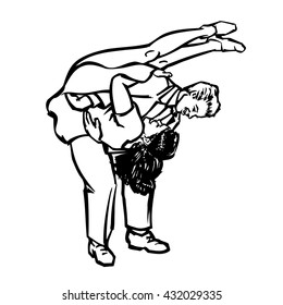 Swing/jive dancing couple. The man is dipping the woman as her legs fly up behind his back
