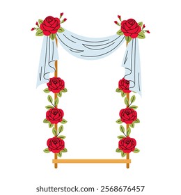 Swings decorated with red roses. For posters, t-shirt prints, cards, banner. Flat vector illustration.