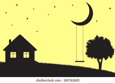 Swings hanging from moon, house and tree silhouettes