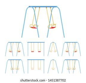 Swings set for park or garden use. Two seat play equipment for children to enjoy, outdoor playground, backyard fun. Vector flat style cartoon illustration isolated on white background, different views