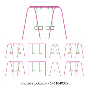 Swings set for park or garden use. Two seat play equipment for children to enjoy, outdoor playground, backyard fun. Vector flat style cartoon illustration isolated on white background, different views