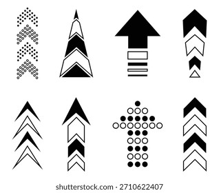 Deslice hacia arriba el icono de flecha sobre fondo blanco. Flecha negra en varios estilos. Deslice hacia arriba los Elementos de Botón de flecha. Diferentes flechas negras apuntan hacia arriba. Ilustración vectorial.